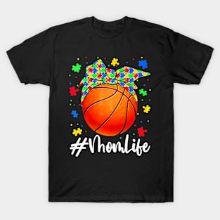 Messy Bun Basketball Ball Puzzle Mom Life Autism Awareness T-Shirt